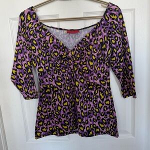 Deadly Dames Vibrant Leopard Print Blouse - Purple and Yellow
